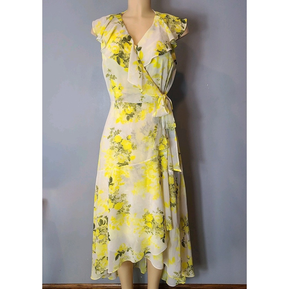 Calvin Klein Midi Dress Size 10 Yellow Floral Chiffon Faux Wrap Dreamy Wedding
